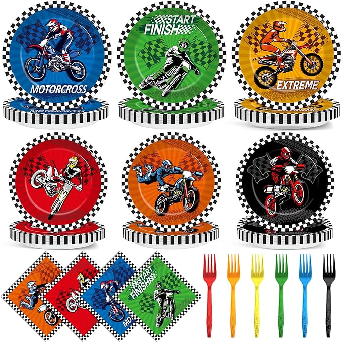 96Pcs Dirt Bike Party Decorations Motocross Birthday Dessert Plates Tableware Motorcycle Theme Dinner Paper Plates Napkins Racing Theme Dinnerware for Boys Baby Shower Supplies Favors