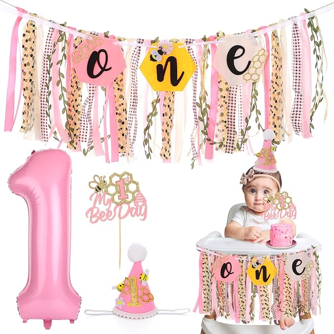 Bee Theme Highchair Banner for Baby First Birthday Party Decorations Pink Happy 1st Bee Day High Chair Tassel Garland for Girls Bumble Bee One Birthday Photo Props Backdrop Decor with Cake Topper