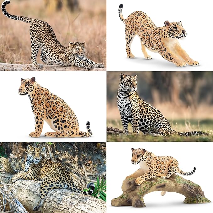 Toymany 7PCS Leopards Figurines with Leopards Cub and Tree Trunk, Realistic Jungle Animals Figures Family Playset, Educational Toy Cake Toppers