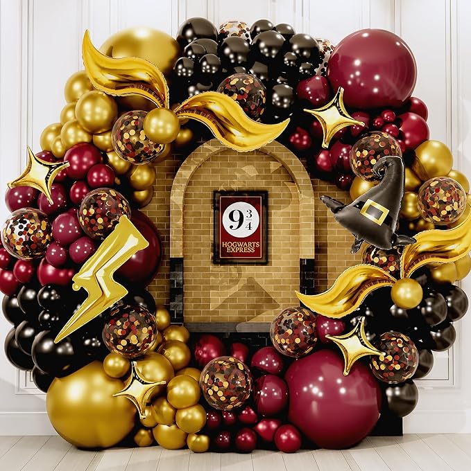 ALL-IN-1 Magical Wizard Balloons Garland Arch Kit with BONUS Hat, Wings, Lightning, Stars – Wizard Birthday Party Decorations & Supplies for Baby Shower, Chosen One, Burgundy Black Hogwarts Balloons