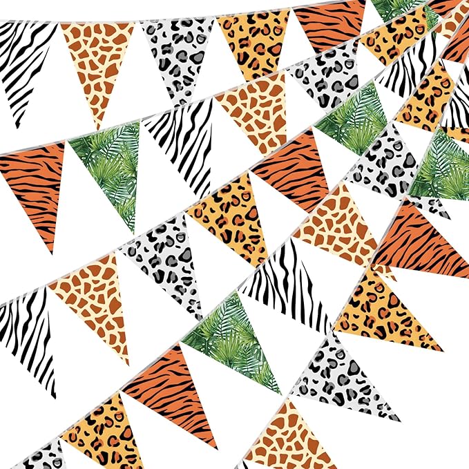Tiamon 5 Pcs Jungle Zoo Animal Print Decoration Safari Birthday Banner Wild Animal Print Pennant Bunting 49.2 Ft Triangle Flag for Bulletin Board Classroom Decoration Safari Two Wild One Party Supply