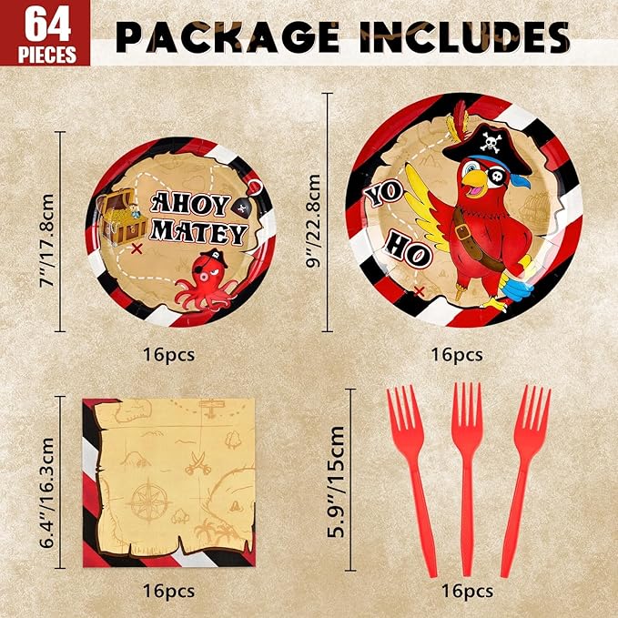 WERNNSAI Pirate Party Supplies - 64PCS Pirate Plates Napkins and Forks Treasure Map Party Decorations Nautical Birthday Plates and Napkins for Kids Boys Baby Shower Favors Serves 16 Guests