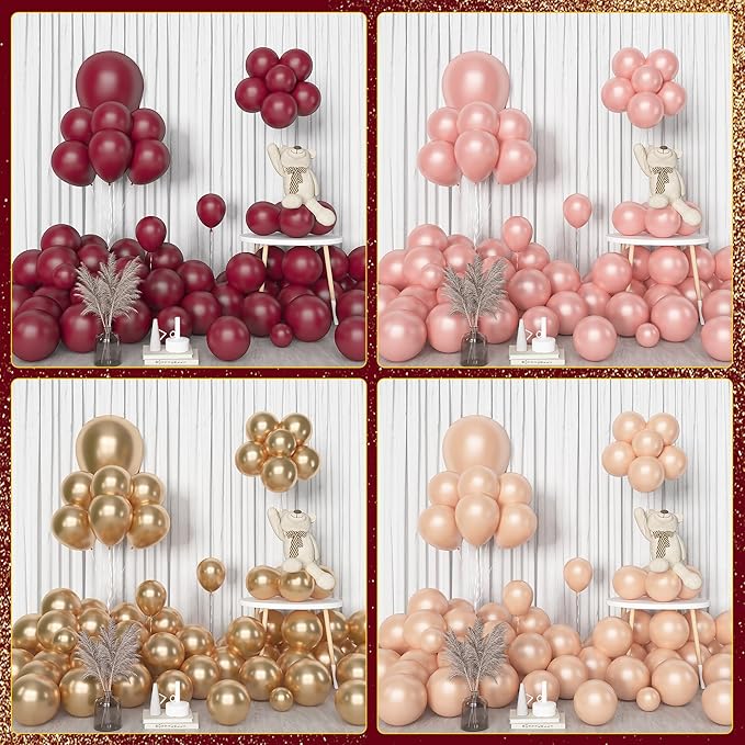 Amandir 153pcs Burgundy Balloons Arch Garland Kit, Different Sizes 18 12 10 5 Inch Pearl Champagne Rose Gold Confetti White Sand Maroon Balloon for Wedding Birthday Bridal Valentines Party Decorations