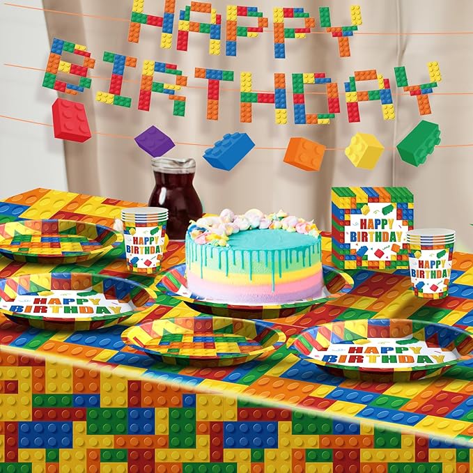 Building Block Birthday Party Supplies Colorful Building Block Party Decorations Includes Paper Plates Napkins Cups Banner Tablecloth for Boys Kid’s Birthday Party Decorations, Serve 24