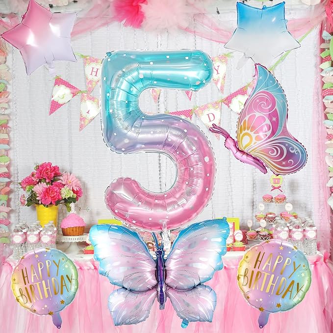 Butterfly Balloons - 5th Birthday Decorations for Girls, Gradient Pink Colorful Foil Balloons, Giant Number 5 Foil Mylar Balloon, 5 Years Old Butterfly Theme Party Supplies