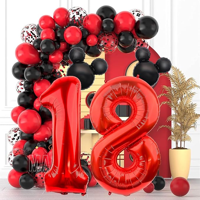 40 Inch Mouse Number 1 Balloon Black Red 1 Balloons for 1st Birthday, Mini Mouse Head Balloon Red Giant Number One Balloons for Mouse Clubhouse Baby Shower Anniversary Supplies Decorations