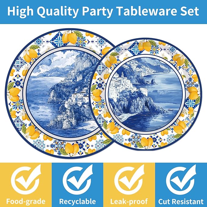 96 Pcs Amalfi Coast Party Decorations, Capri Lemon Plates and Napkins Tableware Set, Capri Lemon Party Supplies for Kids Birthday Baby Shower, Disposable Dinnerware Serve 24 Guests