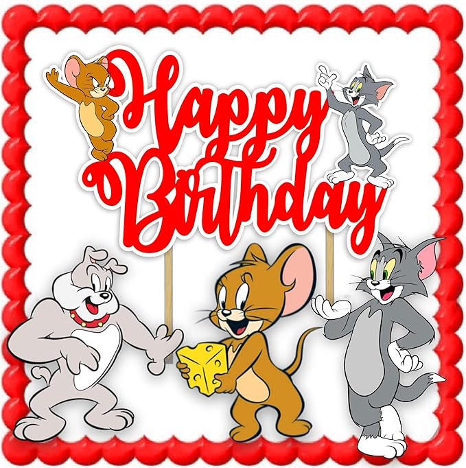"Tom & Jery Happy Birthday Cake Topper – Cartoon Theme Birthday Party Supplies – Fun and Colorful Cake Decoration – Perfect Cake Decoration for Boys and Girls – Cartoon Party Supplies "