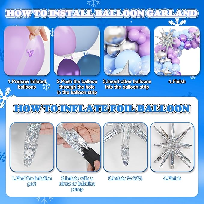 Snow 4th Birthday Decorations Girl, Snowflake Balloon Garland Arch Kit, Laser Explosion Star Balloons, Silver Number 4 Balloon Tower for Baby Shower Girls 4th Snow Theme Party Supplies