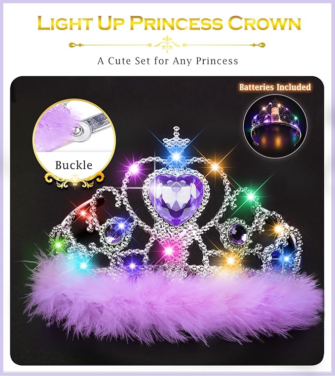 Princess Crown Tiara for Little Girls Princess Dress Up Accessories, Light Up Tiara Wand Toy Gifts for 3-6 Girl