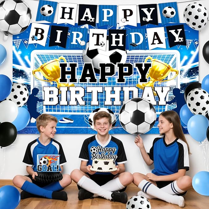 Soccer Birthday Party Decorations, 44Pcs Soccer Party Decorations with Happy Birthday Backdrop Tablecloth Foil & Latex Balloons and Cake Toppers Honeycomb Centerpieces for Boys’ Sports Party Supplies