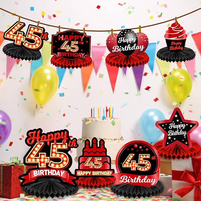 Happy 45th Birthday Red and Black Table Honeycomb Centerpieces Balloons Theme Decor Table Decorations Table Toppers for Girls Women Princess 45 Years Old Birthday Party Bday Supplies Background Gold