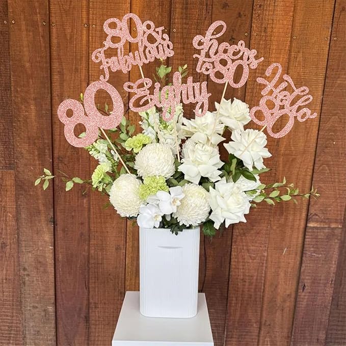 Gyufise 15Pcs 80th Birthday Centerpiece Sticks Eighty Happy 80th Table Flower Centerpieces Sticks Cheers to 80 Floral Decorations for 80th Birthday Party Centerpieces Supplies Rose Gold