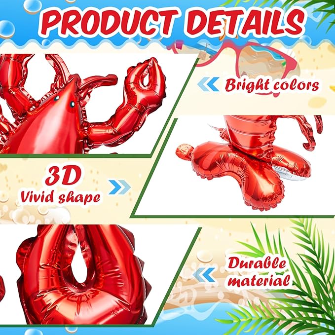6 Pieces Giant Lobster Crawfish Balloons Simulation Sea Animal Foil Balloons for Birthday Party Decoration Home Office Party Favors Supplies(Vivid)