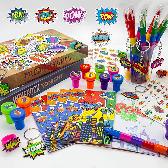Cinrobiye 72 Pcs Hero Party Favors, Hero Coloring Books, Stickers, Tattoos, Stampers, Keychains, Rings, Rainbow Pencils, Comic Birthday Party Supplies, Goodie Bag Fillers, Prize Bulk Set