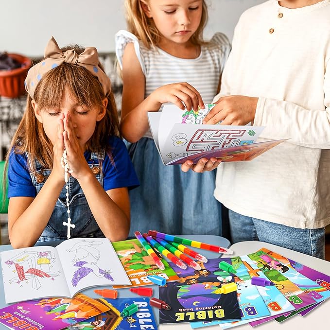 BenLouis 12 Christian Mini Coloring Books Kids with 12 Stacking Crayons Bible Verse Religious Party Favors Small Activity Books Bulk for Kids Sunday School Christmas Party Gift Goodie Bag Stuffers