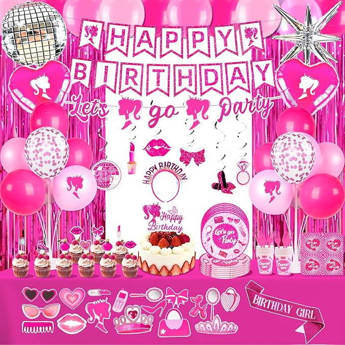 187Pcs Hot Pink Birthday Party Decoration Supplies, with 20 Plates Tableware Set and Birthday Banner Backdrop Foil Balloons Stand Cake Toppers Sunglasses Photo props Etc for Girls Women Party Decor
