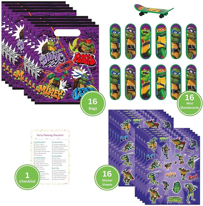 Unique Ninja Turtle Party Favors Pack - 16 Guests - TMNT Party Favor Bags, Sticker Sheets, Mini Skateboards, Checklist - Teenage Mutant Ninja Turtle Party Decorations & Supplies
