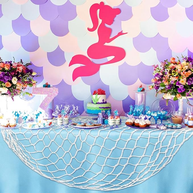 Unittype Fish Net Decorative and Tablecloth Set, Cotton Fishnet and Plastic Table Cover Decorations Set for Nautical Themed Party Baby Shower Pirate Decorations Mermaid Party