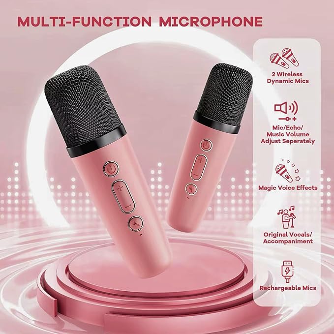 WANIA Mini Karaoke Machine for Kids and Adults - Portable Bluetooth Speaker with 2 Wireless Microphones, Rechargeable Music Player with LED Lights, Voice Effects, Gift for Ages 3, 4, 5-12+