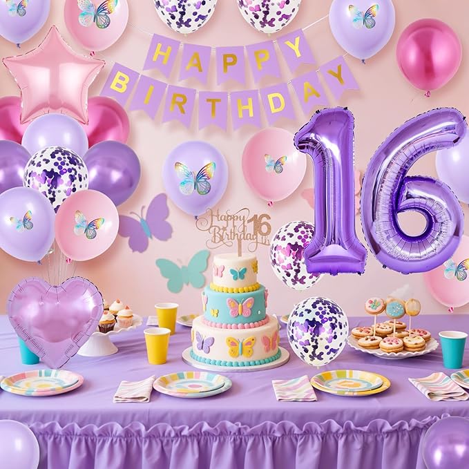 16th Purple Birthday Decorations,Pink Purple 16th Birthday Decorations for Girls Lavender Party Decor Number Foil Balloons Cake Topper Butterfly Stickers for Girls 16 Year Old Party Decorations
