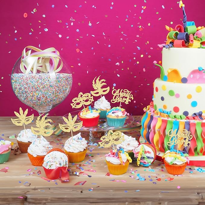 Gyufise 24Pcs Mardi Gras Cupcake Toppers Glitter Masquerade Masks Cupcake Picks Mardi Gras Party Baby Shower Birthday Cake Decorations Party Supplies Gold