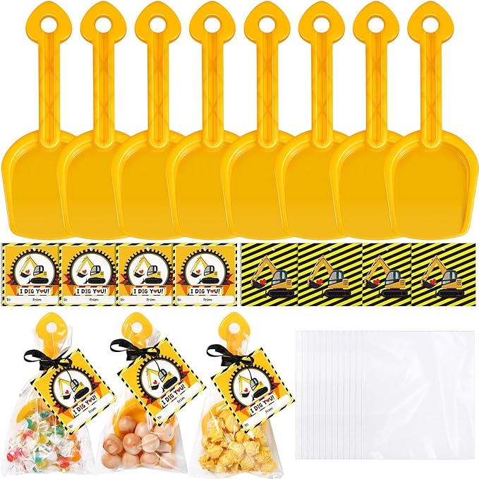 Capoda 30 Set Construction Theme Plastic Shovel with Clear Cellophane Bag Construction Theme I Dig You Cards and Ropes for Boys and Girls Classroom Exchange Prizes Vehicle Party Favor Supplies