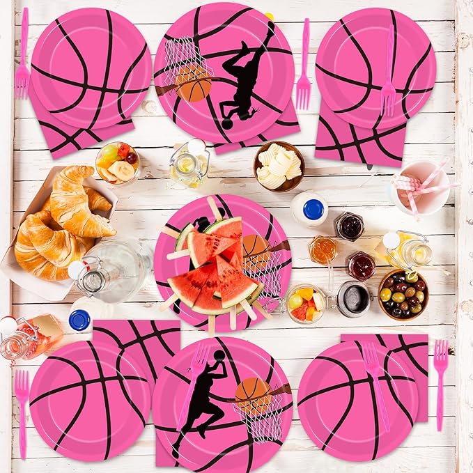 gisgfim 96 Pcs Pink Basketball Party Supplies Paper Plates Napkins Basketball Sport Theme Birthday Party Tableware Decorations Favors for Girls Kids Serves 24