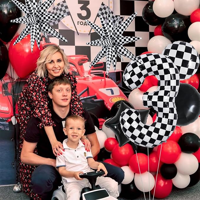 TONIFUL 40 Inch Checkered 3rd Birthday Balloons Set Number 3 Race Car Black Black White Checkered Round Explosion Star Balloons Boys Race Car Themed Birthday Party Decoraction