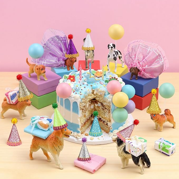 Weysat 41 Pcs Puppy Dog Cake Topper Figures Birthday Party Decorations with Mini Hat and Skirt, Colorful Balls, Jungle Toppers Decoration with Gift Boxes for Puppy Animals Themed Party (Pet)