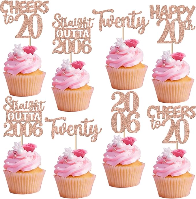 30PCS 20th Birthday Cupcake Toppers Glitter Twenty Happy 20th Straight Outta 2005 Cupcake Picks for Cheers to 20 Years Birthday Wedding Anniversary Party Cake Decorations Supplies Rose Gold