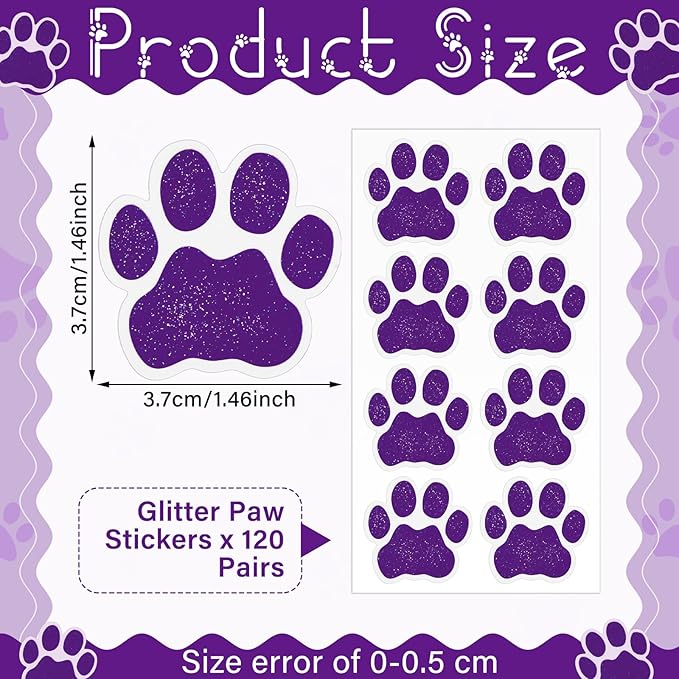 120 Pairs Purple Eye Black Bulk Tiger Paw Football Stickers Sport Glitter Eyeblack Sticker Team Spirit Accessories for University College Game Day Sports Fans Themed Party Supplies