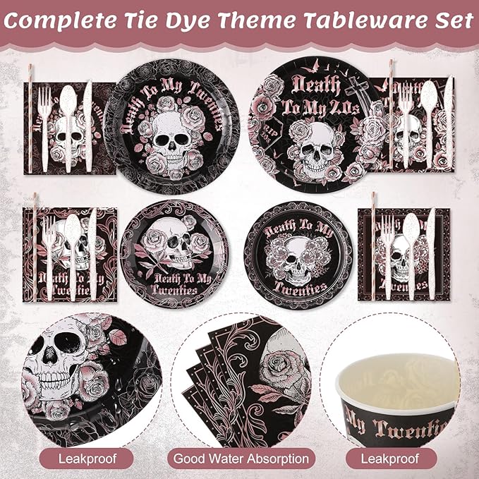 450 Pcs Death to My 20s Tableware Set Rose Gold Black 30th Birthday Party Decorations Rip to My 20s Paper Plates Napkins Cups Cutlery Straws for Women Funeral My Youth Birthday, Serves 50