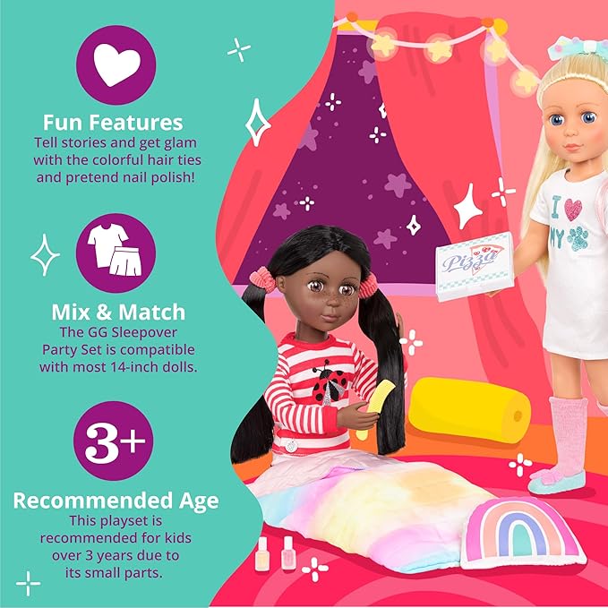 Glitter Girls – 14-Inch Doll Accessories – Sleepover Party & Backpack Set – Tie – Dye Sleeping Bag, Rainbow Pillow & Pizza Play Food – 3+ Years– Children’s Toys