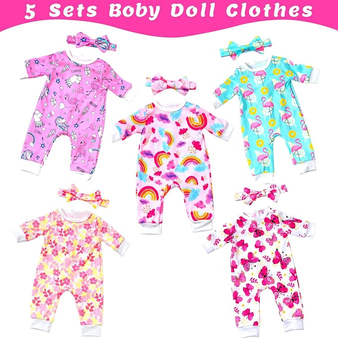 Ecore Fun 5 Sets Baby Doll Outfits & Headbands – 10 pcs for 14"-18" Baby Dolls | Cute Jumpsuit & Hair Accessory Set for Dress-Up Play