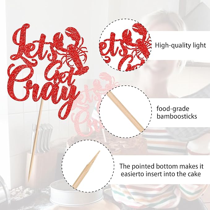 1 PCS Crawfish Cake Topper Red Glitter Let's Get Cray Cake Pick Crawfish Party Cake Decoration for Lobster Theme Carnival Baby Shower Birthday Single Divorce Party Cake Decorations Supplies