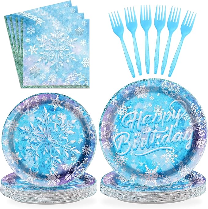 Grencian 96 Pcs Frozen Party Supplies Disposable Winter Snowflake Frozen Plates and Napkins Fork Tableware Set Frozen Birthday Party Decorations for Christmas Winter Onderland Decorations Serves 24