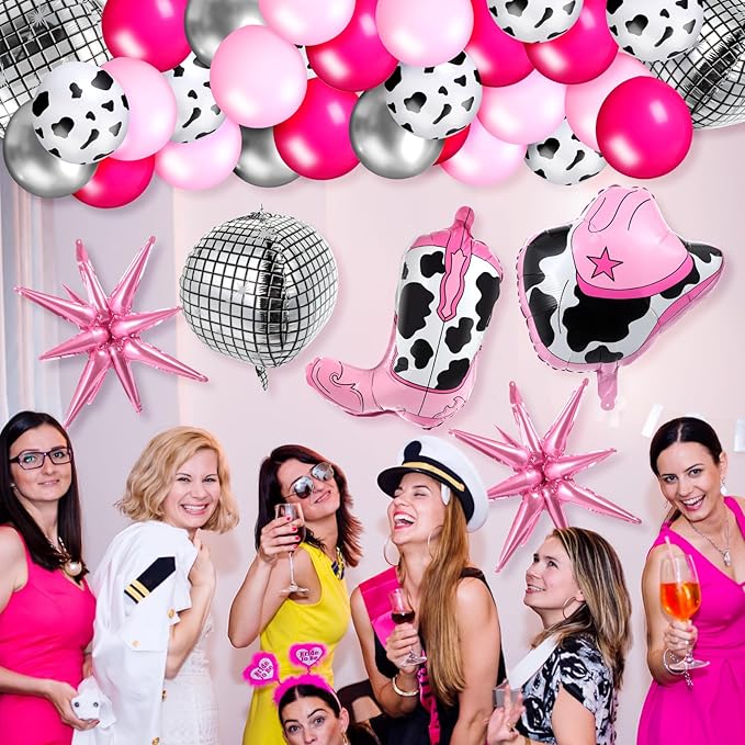 Hungdao 23 Pcs Cowgirl Theme Party Balloons Set Cow Print Cowgirl Hat Boot Pink Silver Star Balloons Ribbon for Western Theme Decorations Retro Horse Rodeo Party Supplies(Classic)