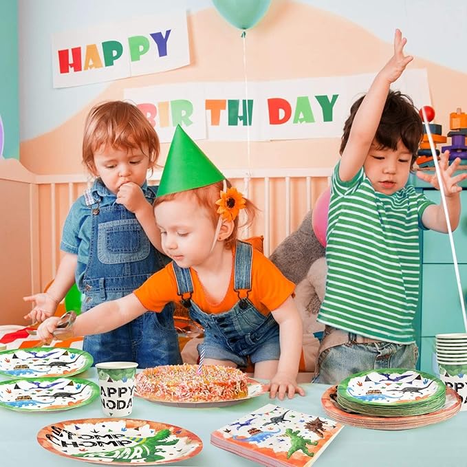 Watercolor Dinosaur Party Supplies - Disposable Dinosaur Party Tableware for Kids Boys Birthday Includes Luncheon Dinner Dessert Plates Napkins Paper Cups Serves 16 Guests 64 PCS
