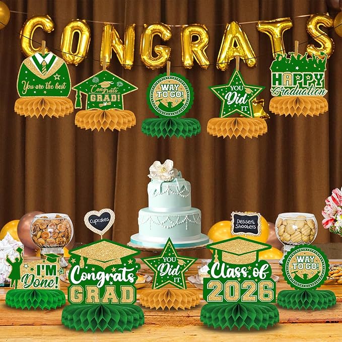 8 Pieces Class of 2026 Graduation Table Decorations - 2026 Congrats Grad Honeycomb Centerpieces, Green and Gold Table Toppers Decor for 2026 Graduation Party Decorations Favor Supplies