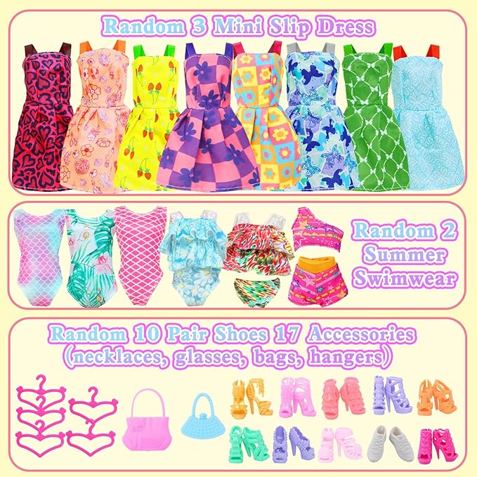 40Pcs Doll Clothes and Accessories Including 2 Fashion Evening & 2 Casual Dresses, 1 Sequins & 3 Slip Dresses, 2 Swimwear, 10 Pairs of Shoes, 5 Hangers, 12 Accessories for 11.5 inch Girl Doll