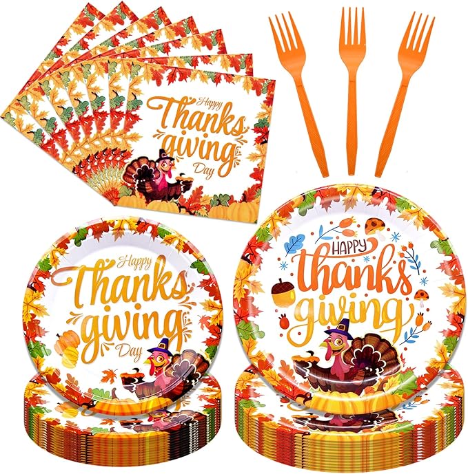 96 Pieces Happy Thanksgiving Tableware Set Party Supplies - Fall Harvest Pattern Disposable Dinnerware with Paper Plates, Napkins, Forks for Autumn and Thanksgiving Dinner BBQ Picnic Favors