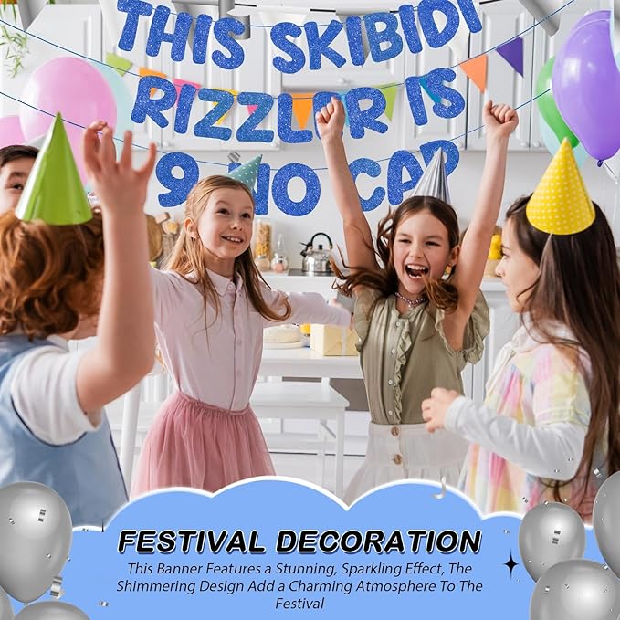 Fulmoon Pre Strung This Skibidi Rizzler Is 9 No Cap Glitter Banner 9th Birthday Party Decorations, Funny Birthday Sign, Party Supplies, Ideas, Gifts, Dark Blue
