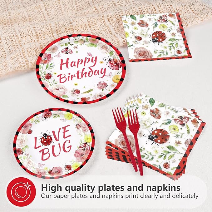 96Pcs Ladybug Birthday Party Supplies Cute Ladybird Birthday Plates and Napkins Cute Red Black Ladybug Theme Tableware Set for Kids Insect Theme Baby Shower Party Decorations Serves 24