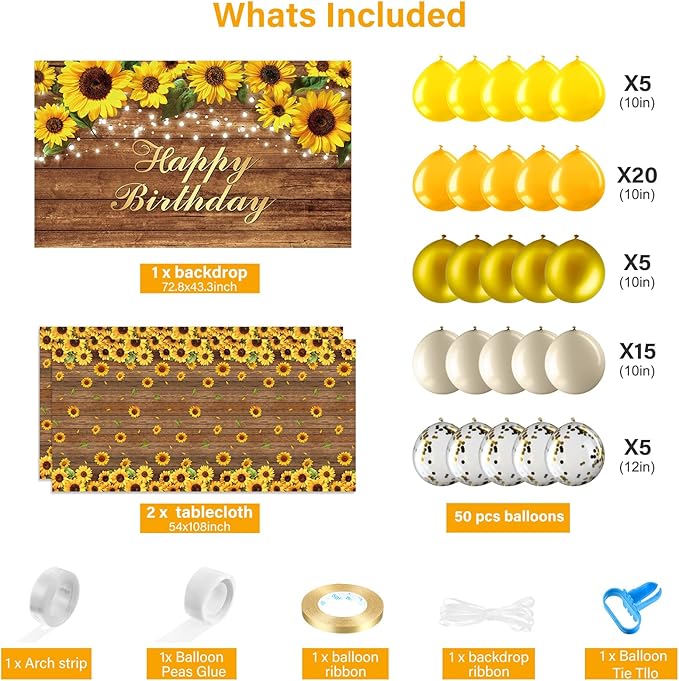 Tiamon 52 Pcs Sunflower Birthday Party Decorations - 50 Gold Yellow Balloons Arch Garlands Kit, 1 Happy Birthday Backdrop Banner, 1 Sunflower Plastic Tablecloths for Wedding Baby Shower Party Supplies
