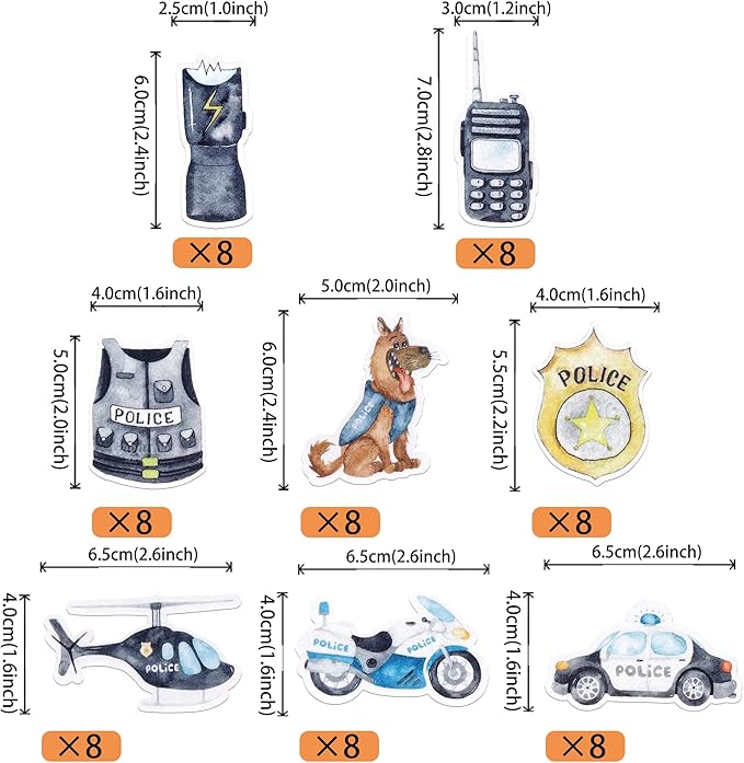 64 Pack Edible Police Cupcake Toppers Wafer Paper Selection Helicopter Car Dog Badge Uniform Gun Cupcake Picks for Police Themed Birthday Party Cake Decoration Supplies