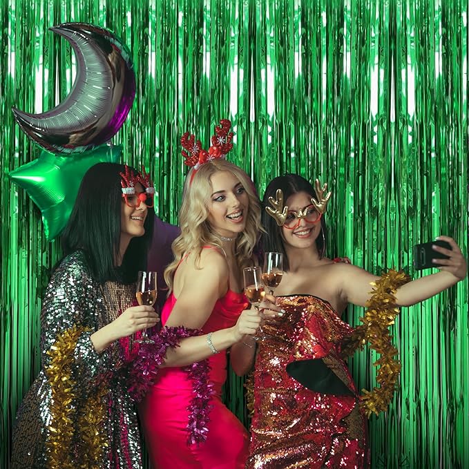 3 Pack 3.3 x 9.9 ft Green Foil Fringe Curtains Party Supplies | Tinsel Curtain Backdrop for Parties, Glitter Streamers Backdrop for Birthday/Photo Booth Backdrops