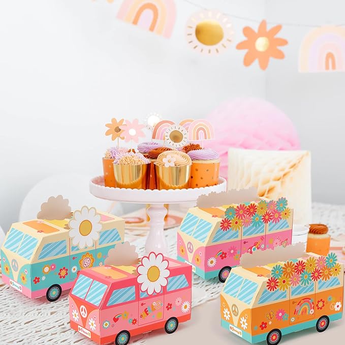 ANGOLIO 12Pcs Groovy Party Favor Boxes Groovy Hippie Peace Bus Centerpiece Birthday Party Decorations Peace Signs Daisies Rainbows for Baby Girls Kids Boho Hippie Birthday Decoration Supplies