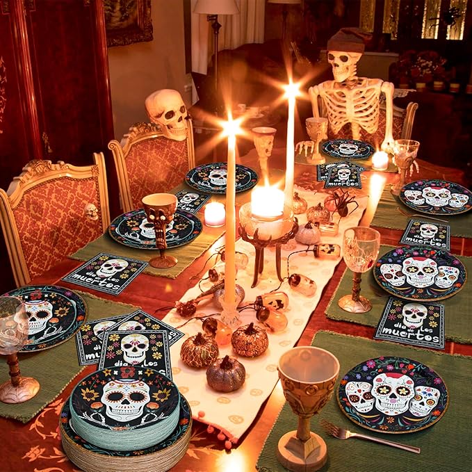 180Pcs Day of the Dead Party Plates and Napkins Set,Sugar Skull Tableware Decors Mexican Fiesta Theme Party Decorations for Day of The Dead Halloween Birthday Party Supplies,Serve 60 Guests