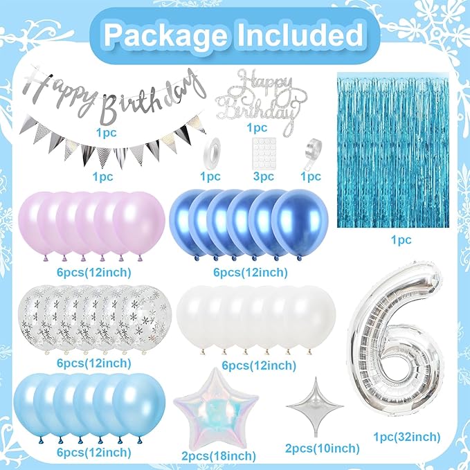 6th Snow Birthday Decorations for Girl, Blue Purple Balloons with Happy Birthday Banner Curtain Silver Number 6 Balloon Iridescent Star Foil Balloons for Girls Baby Shower Birthday Party Supplies